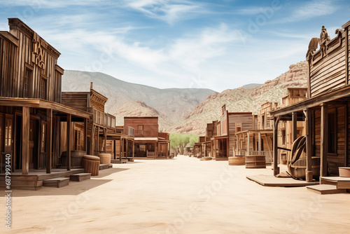 empty street in an old wild west town with wooden buildings