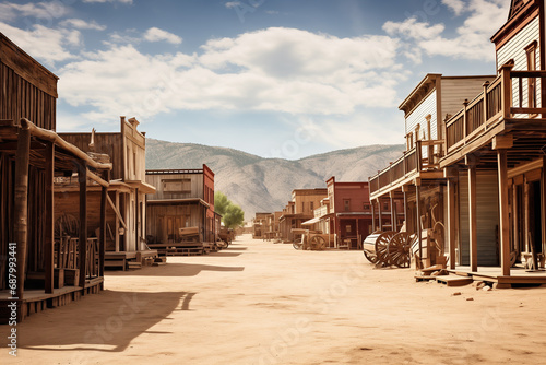 empty street in an old wild west town with wooden buildings