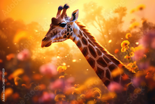 giraffe with flowers on background