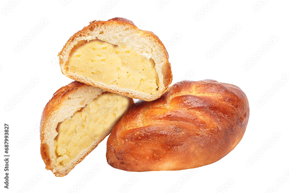 homemade food pastries, bun pie, stuffed boiled potatoes, bakery products on a white isolated background homemade food pastries, bun pie, stuffed boiled potatoes, bakery products on a white isolated background