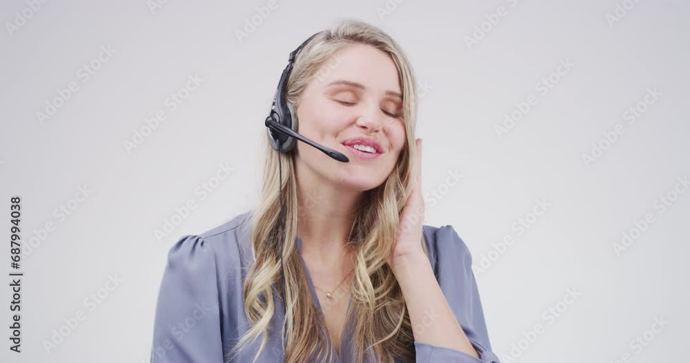 Call center, business woman and smile in studio for sales questions, telemarketing or CRM help on white background. Happy agent, consultant or laugh with microphone for FAQ, contact or telecom advice Call center, business woman and smile in studio for sales questions, telemarketing or CRM help on white background. Happy agent, consultant or laugh with microphone for FAQ, contact or telecom advice