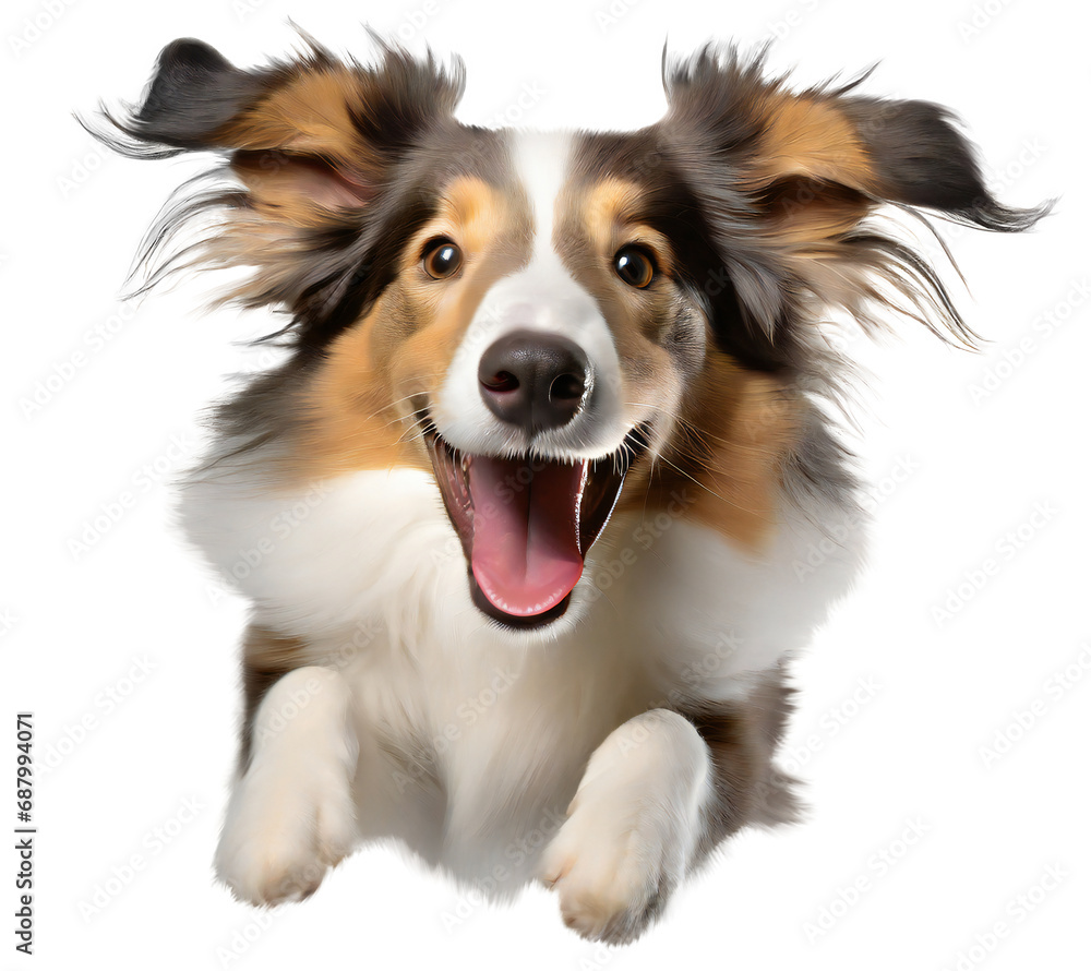 Cute collie puppy jumping. Playful dog cut out at background.