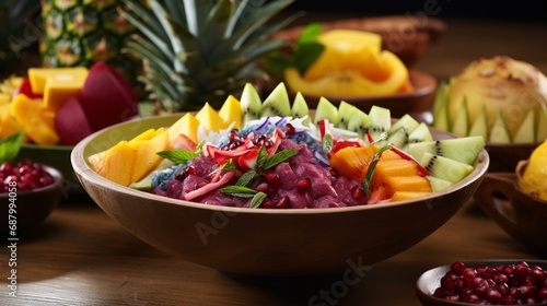 Showcase the vibrant hues of a bowl filled with assorted tropical fruits, a tantalizing array of flavors.
