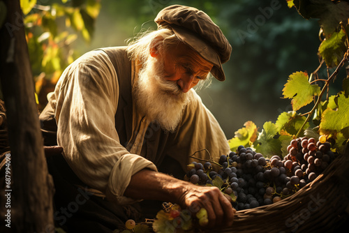 The old man is picking grapes