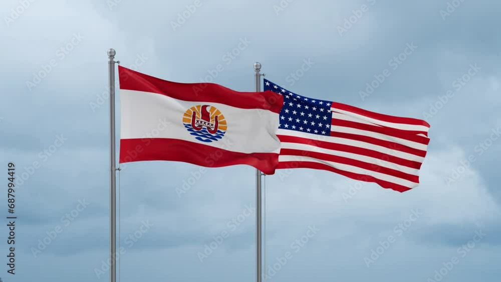 USA and French Polynesia flag waving together on cloudy sky, endless seamless loop, two country cooperation concept USA and French Polynesia flag waving together on cloudy sky, endless seamless loop, two country cooperation concept