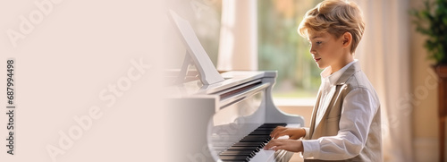 E-learning concept, piano tutor, music lesson banner. Beautiful little kid boy playing the piano in living room. Child having fun with learning to play music instrument at music classes. Copy space