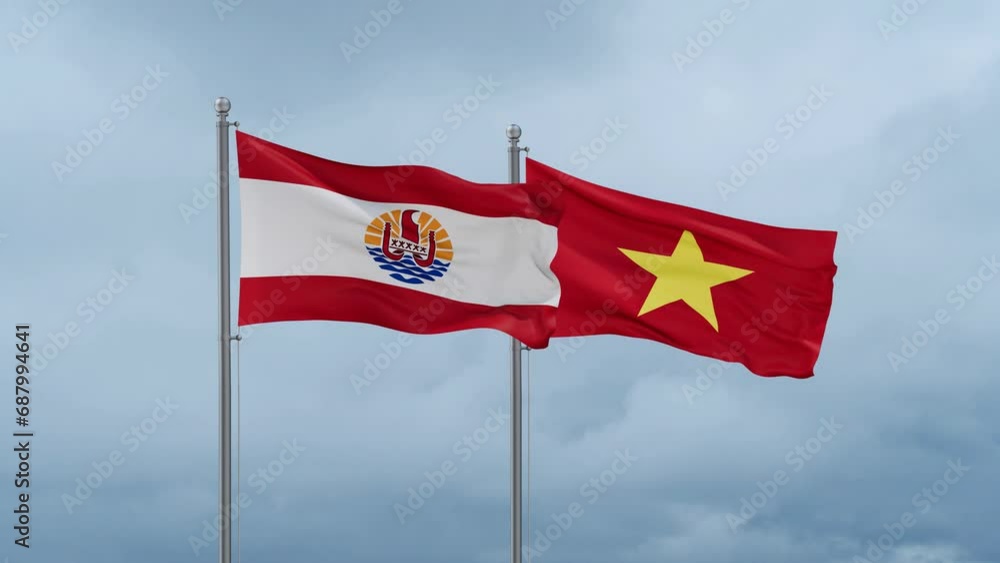 Vietnam and French Polynesia flag waving together on cloudy sky, endless seamless loop Vietnam and French Polynesia flag waving together on cloudy sky, endless seamless loop