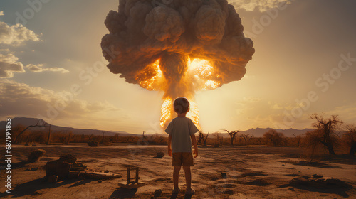 Niño asombrado ante una explosión impresionante. La escena evoca la tristeza y el dramatismo de la guerra, capturando la intensidad y el impacto de la explosión de una bomba nuclear. 