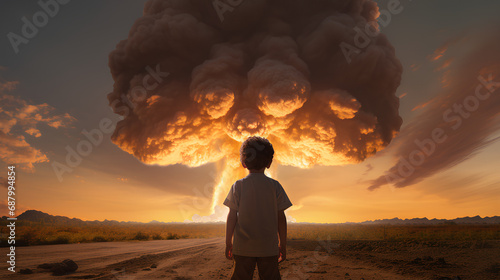 Niño asombrado ante una explosión impresionante. La escena evoca la tristeza y el dramatismo de la guerra, capturando la intensidad y el impacto de la explosión de una bomba nuclear.  photo