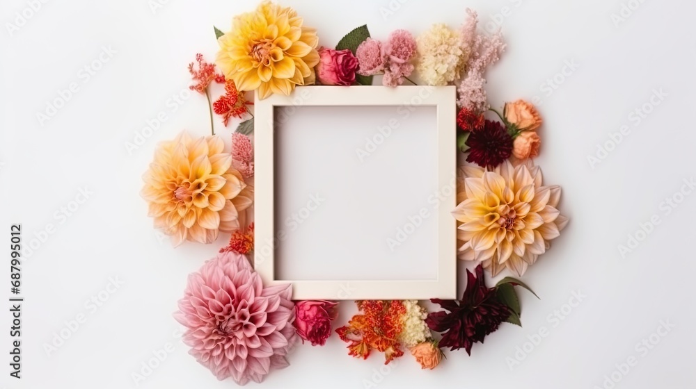 Mockup of picture frame decorated with spring flowers clean space for text on white background Mockup of picture frame decorated with spring flowers clean space for text on white background