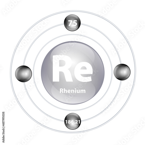 Rhenium (Re) Icon structure chemical element round shape circle grey, black with surround ring. Period number shows of energy levels of electron. Study science education. 3D Illustration vector