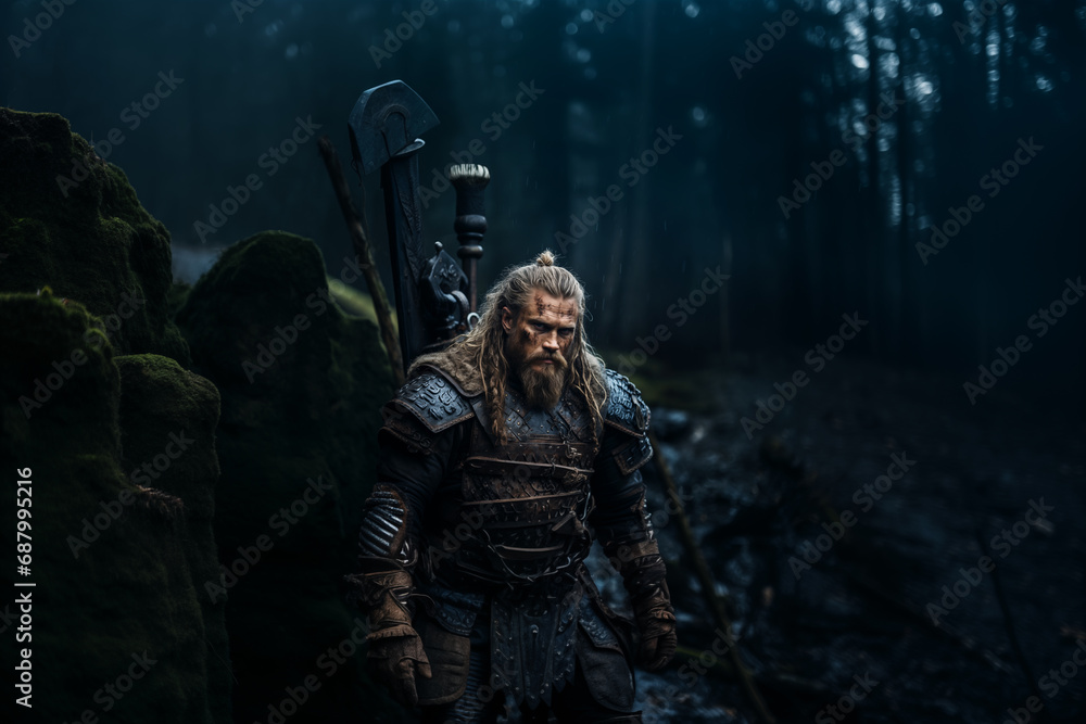 Viking Warrior in the Forest, dark fantasy