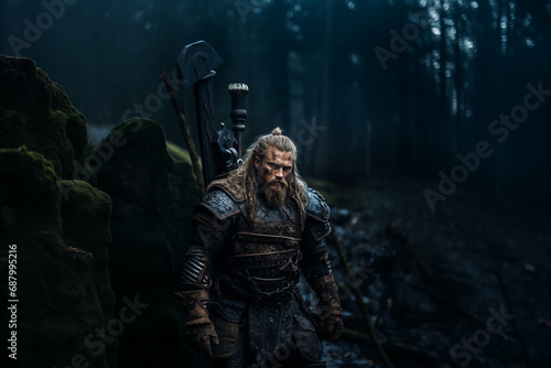 Viking Warrior in the Forest, dark fantasy photo