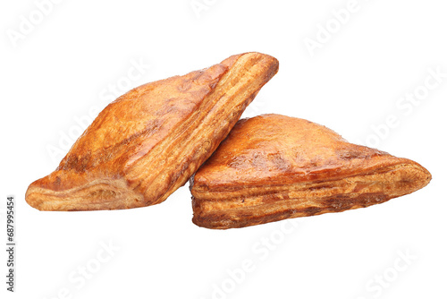 puff pastry, homemade pastries, triangular bun pie, bakery products on a white isolated background