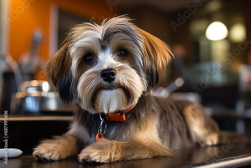 Funny dog sitting at the grooming salon. little smile dog shih tzu. Dog at the Groomer. Grooming © Julia