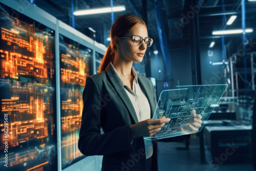 3D Graphics Concept: Big Data Center Female Chief Technology Officer Using Laptop Standing In Warehouse, Activates Servers, Information Digitalization Starts.