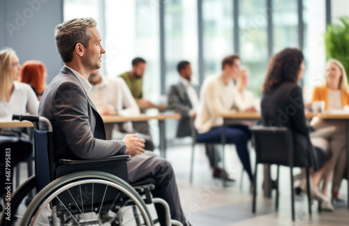 Businessman in wheelchair having business meeting with team at office. A group of young freelancers agree on new online business projects. Person in a wheelchair leading a meeting in a conference room © radekcho