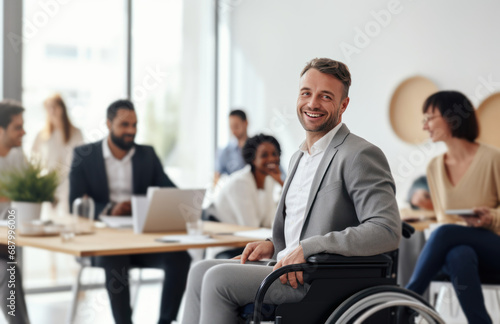 Businessman in wheelchair having business meeting with team at office. A group of young freelancers agree on new online business projects. Person in a wheelchair leading a meeting in a conference room © radekcho