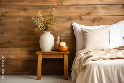 A rustic Scandinavian Bedroom featuring a reclaimed wood headboard and neutral color palette.