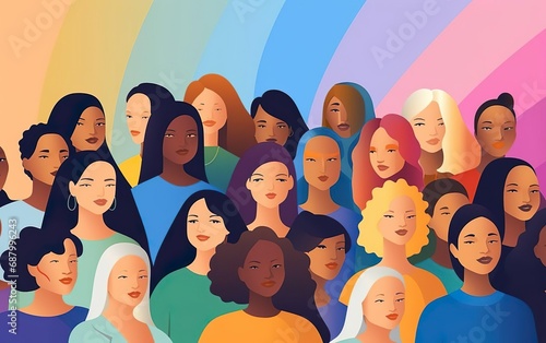 International women day graphic poster, crowd of different confident women, diversity concept. Different race faces, front view, collective picture, community concept, rainbow colors. AI Generative photo
