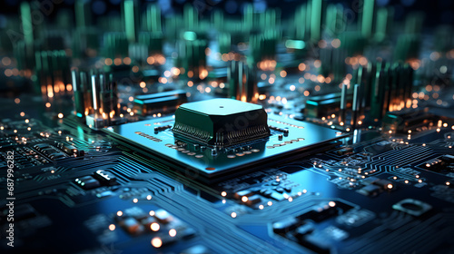 Glowing Computer Circuit Board: A Neon-Lit Microcircuit Background Illustrating Cutting-Edge Technology