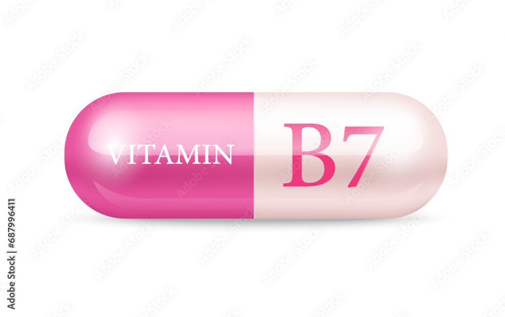 Capsule vitamin B7 structure Pink and white. transparent capsule pill. Drug business concept. 3D Vitamin complex with chemical formula. Personal care, beauty concept. Vector Illustration. Capsule vitamin B7 structure Pink and white. transparent capsule pill. Drug business concept. 3D Vitamin complex with chemical formula. Personal care, beauty concept. Vector Illustration.