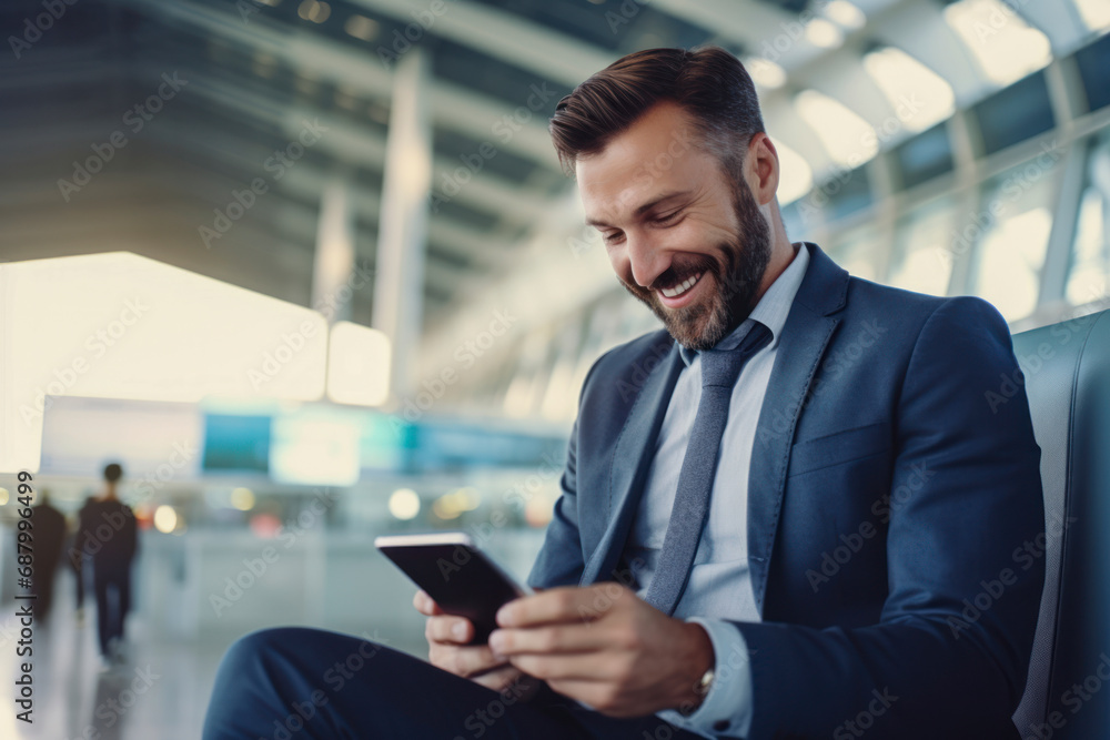 Airport Terminal Flight Wait: Smiling Businessman Uses Digital Tablet Computer for e-Business, Browsing Internet with App. Airport Terminal Flight Wait: Smiling Businessman Uses Digital Tablet Computer for e-Business, Browsing Internet with App.