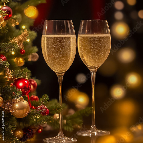 celebration with champagne, two glasses of cava with Christmas decorations