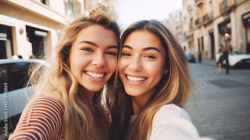 Two young fair-skinned girls taking photo against the street background. Fair-haired teens having fun, hugging on the street. Weekend trip, leisure lifestyle, female friendship