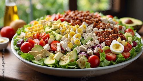Healthy cobb salad with chicken, avocado, bacon, tomato, cheese and eggs. American food photo
