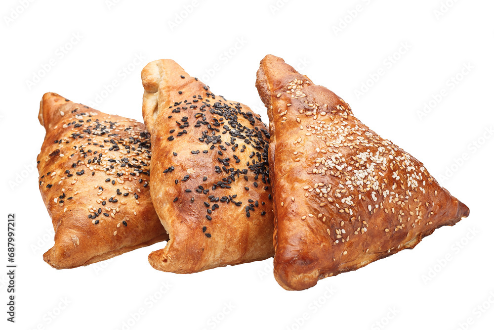 Samsa bread bun, several pieces, isolated background on a white background Samsa bread bun, several pieces, isolated background on a white background
