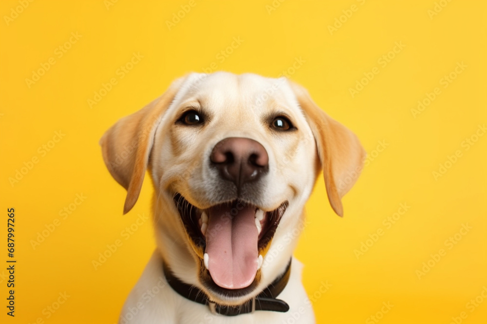 Happy puppy dog smiling on isolated yellow background Happy puppy dog smiling on isolated yellow background