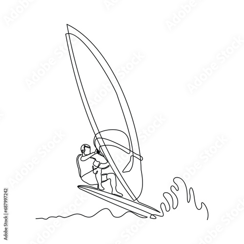 Continuous single line sketch drawing of professional windsurfing athlete ride surfboard on ocean wave. One line art of extreme sport and summer holiday vacation vector illustration