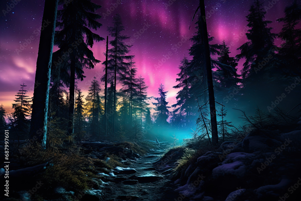 Obraz premium Mystical Aurora Borealis Over Forest Landscape
