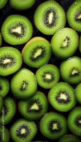 Take an HD shot of a stack of fresh, green kiwis, their tiny black seeds creating a fascinating texture.
