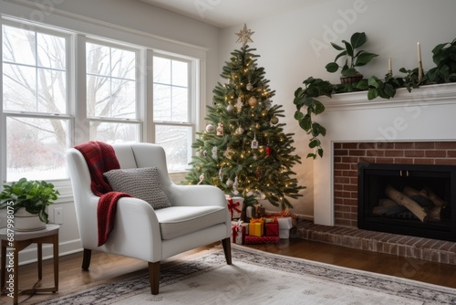 Cozy minimalist modern scandinavian style cottage sitting room decorated for Christmas with large-leaf potted plants  bright afternoon light  bold holiday accent colors