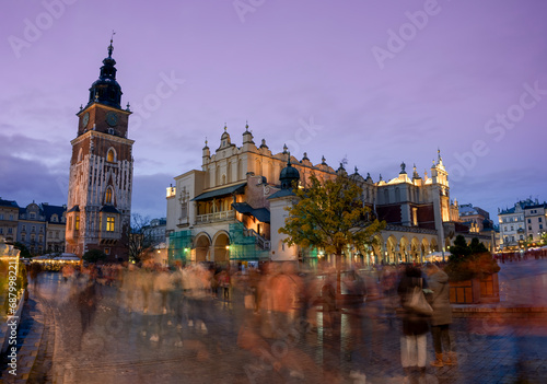 Krakow Old Town City Center at night with illuminated lights photo