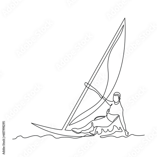 Continuous single line sketch drawing of professional windsurfing athlete ride surfboard on ocean wave. One line art of extreme sport and summer holiday vacation vector illustration