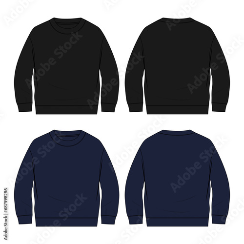 Long sleeve black and navy color sweatshirt technical drawing fashion flat sketch vector illustration template front and back views