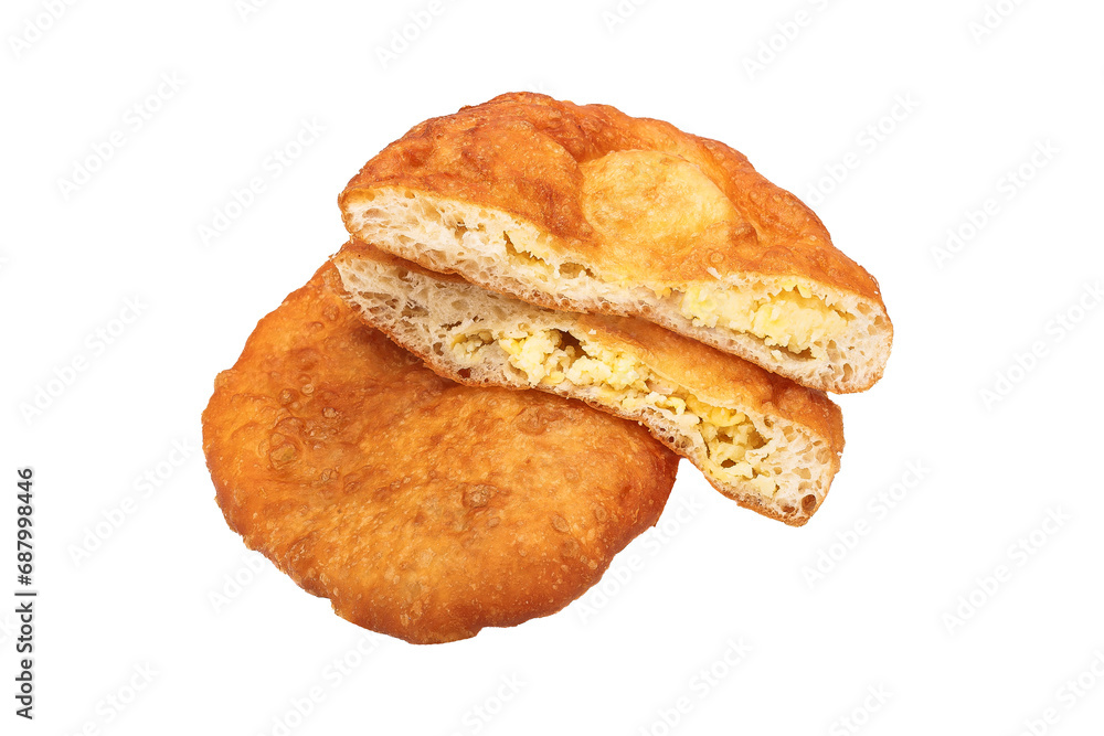 fried belyash with rice and cheese, round, isolated background on a white background