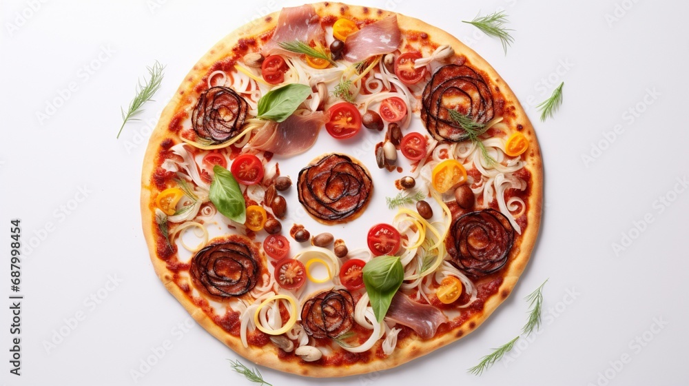 a circular pizza with a perfectly spiraled crust takes the center stage on a clean white surface, exemplifying the artistry and precision in pizza making.