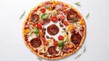 a circular pizza with a perfectly spiraled crust takes the center stage on a clean white surface, exemplifying the artistry and precision in pizza making.