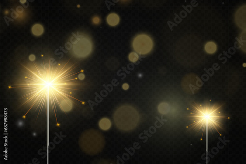 Magical light. Sparkler. Candle sparkling on the background. Realistic vector light effect. Winter, seasonal christmas decoration illustration.	
