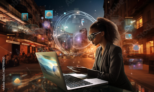 Businesswoman using laptop with digital hologram on city background. Mixed media. photo