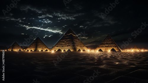 In Ancient Egypt, pyramids are awash in orange light, highlighted by dark gray and light gold hues.