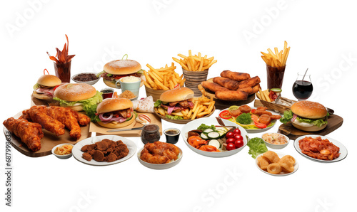 Fast food isolated on a transparent background. hamburgers, cheeseburgers, french fries, chicken nuggets, mozzarella cheese.