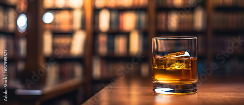 close up of a glass of whisky with ice with blurred Bartender and bar in the back with empty copy space	