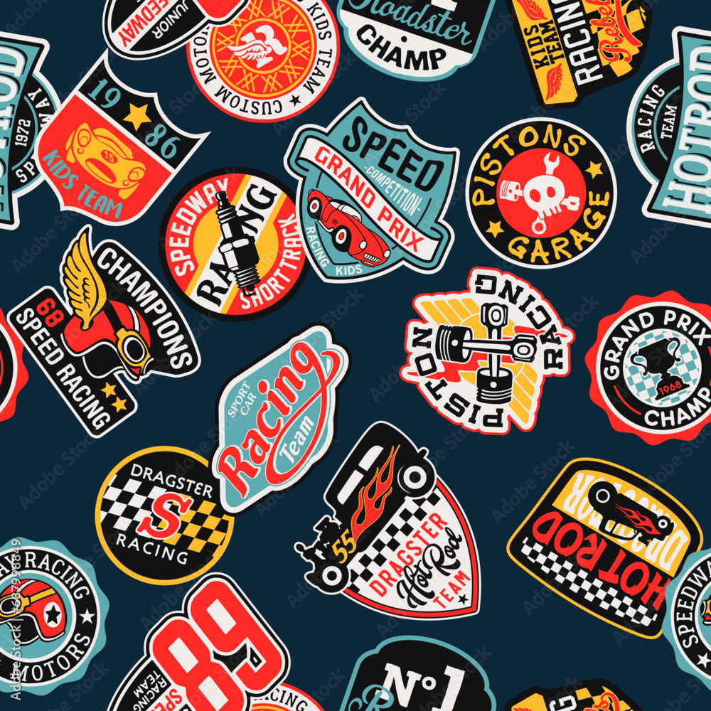 Speedway hot rod and racing team stickers patchwork vintage vector seamless pattern for children wear fabric shirt sweatshirt pajamas - obrazy, fototapety, plakaty 