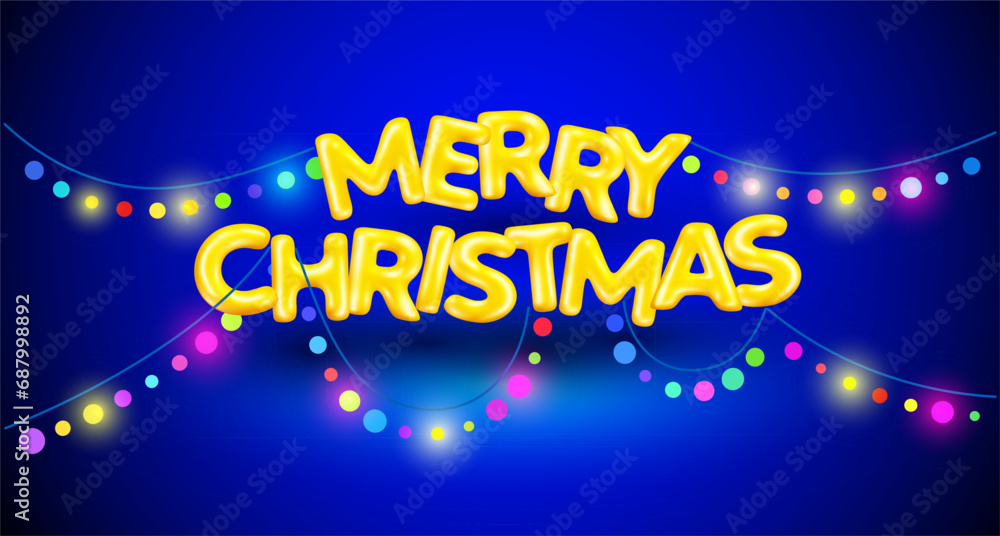 Vector christmas illustration of golden word merry christmas on blue color background with glow garland. 3d style winter holiday design of decorative letter