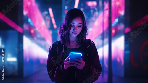 her mobile under the vibrant neon lights photo